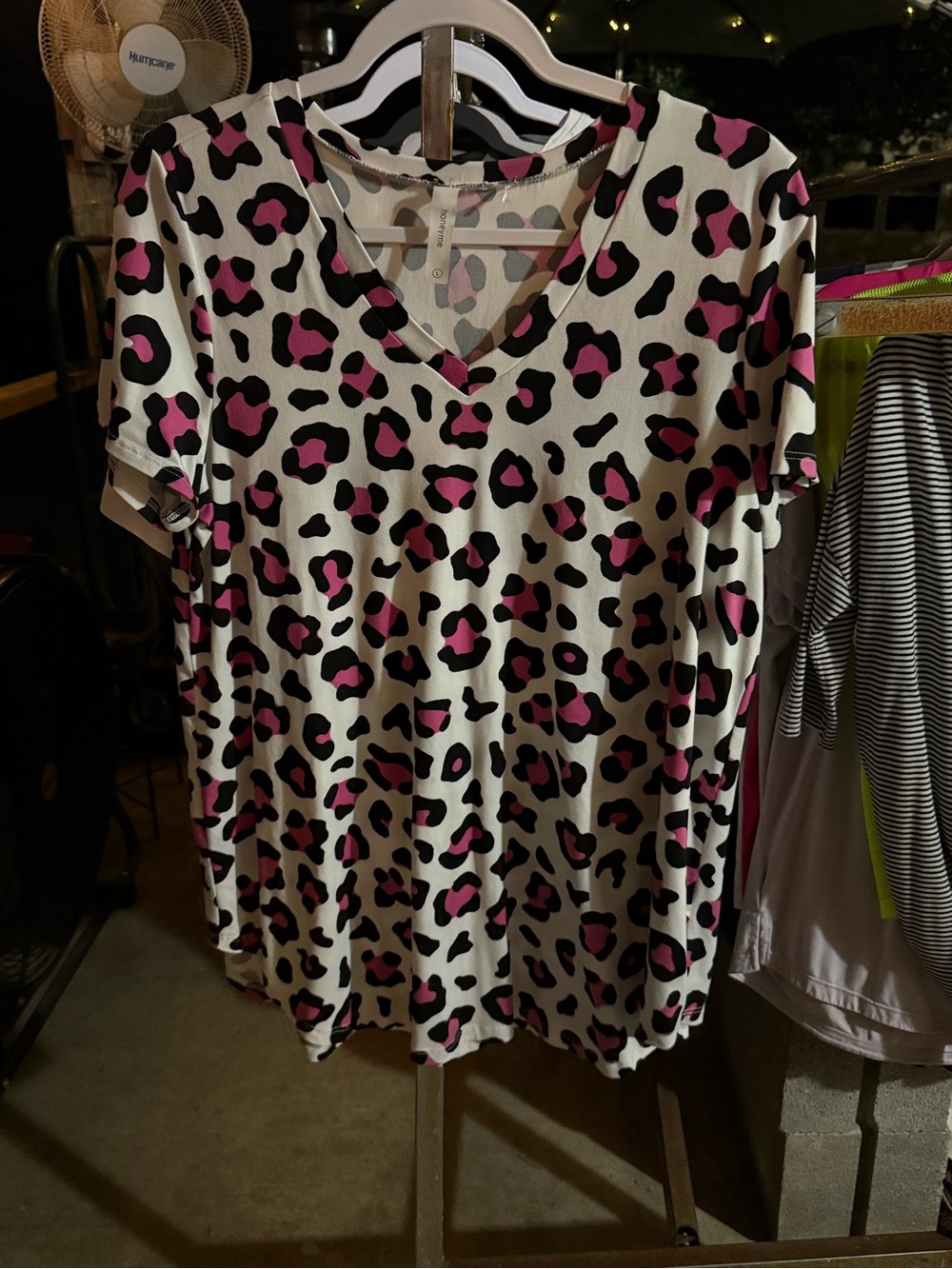 Honeyme Cream V-Neck Short Sleeve Tee with Pink and Black Leopard Print